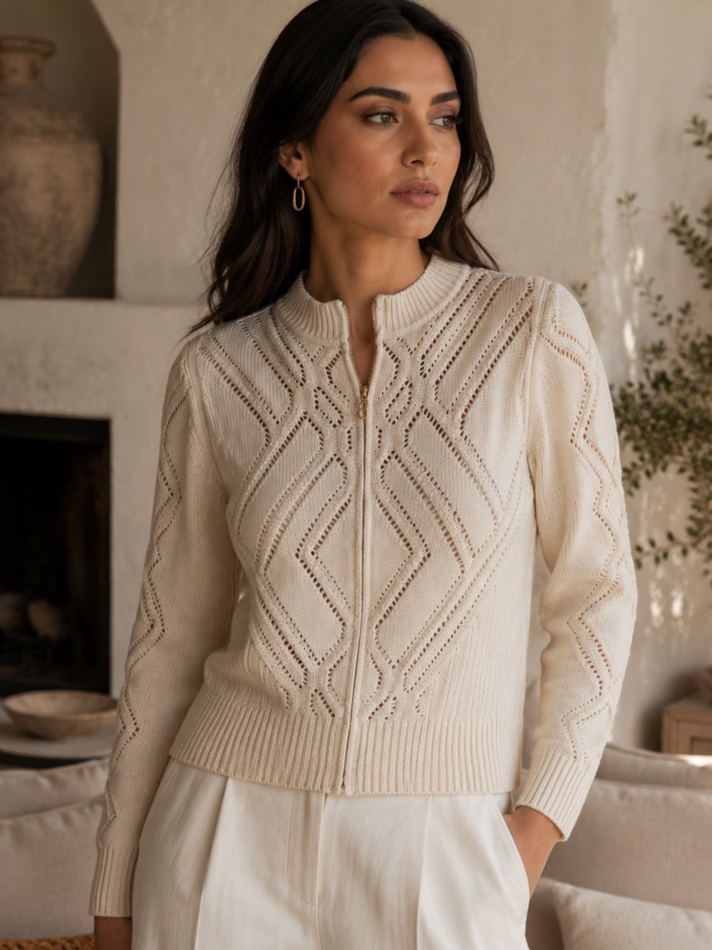 St. John Cream Pointelle Knit Zip Front Sweater Minimalist Quiet Luxury Chic S
